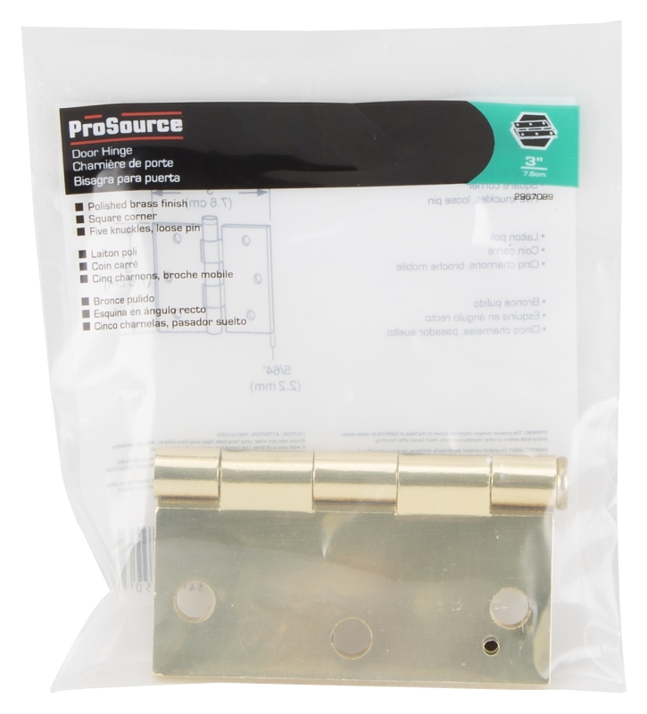 ProSource LR-705-PS Square Corner Door Hinge, Steel, Polished Brass, Loose Pin, 180 deg Range of Motion