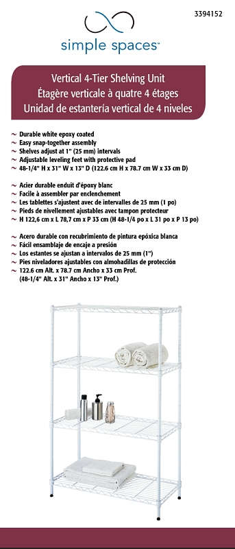 Simple Spaces SS-JR0404-WH 4-Tier Shelf Stacker, Each Shelf: 132 lb, 4-Tier Shelving-Level, 31 in W, Steel, White