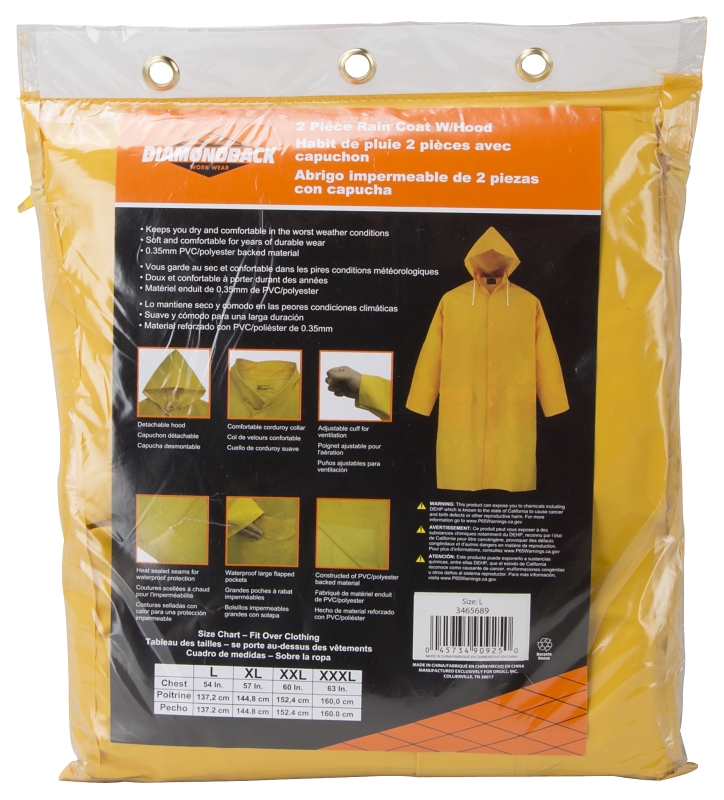 Diamondback PY-800L Raincoat, L, Polyester/PVC, Yellow, Comfortable Corduroy Collar, Double Fly Snap Closure, Knee