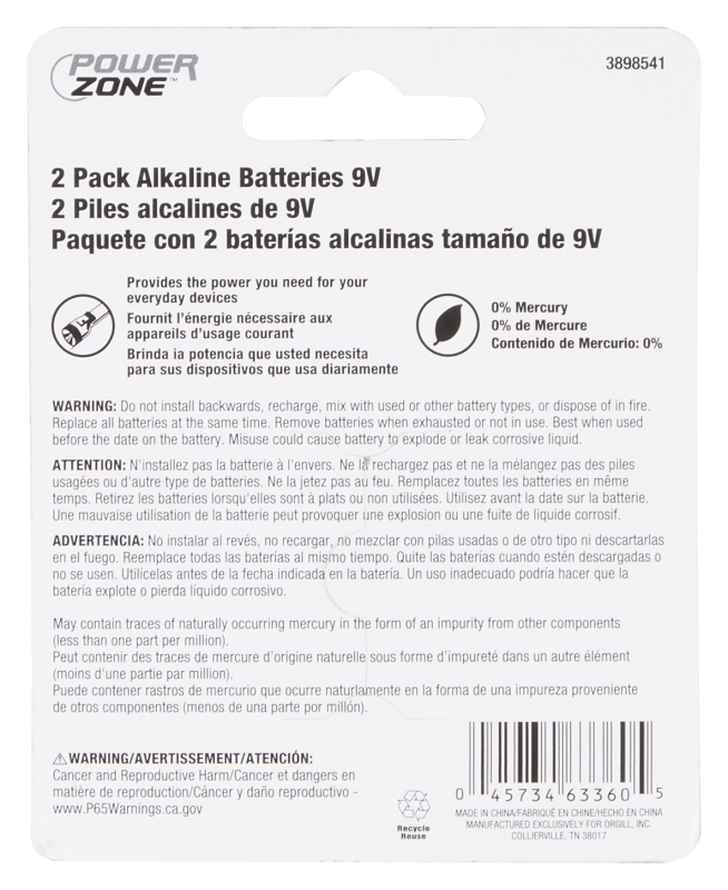 PowerZone 6LR61-2P-DB Battery, 9 V Battery, Zinc, Manganese Dioxide, and Potassium Hydroxide