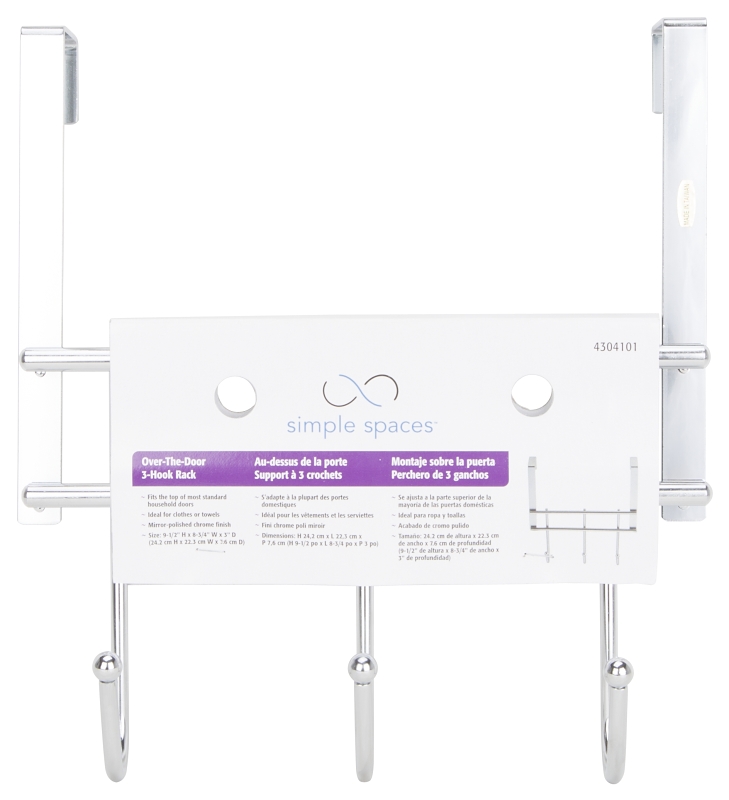 Simple Spaces HK06-CH Door Garment Hook, Each Hook: 4.8 lb, 3-Hook, Steel, Chrome, Hanging Mounting