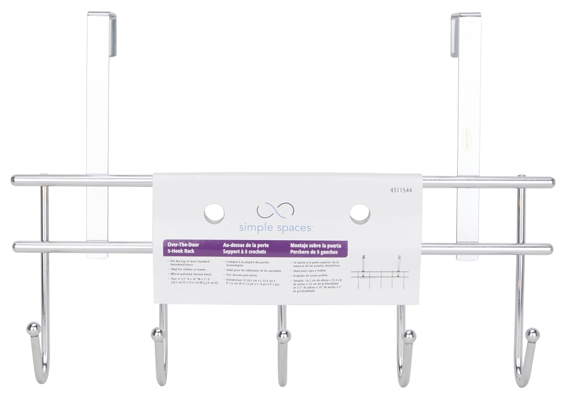 Simple Spaces HK07-CH Door Garment Hook, Each Hook: 4.8 lb, 5-Hook, Steel, Chrome, Hanging Mounting
