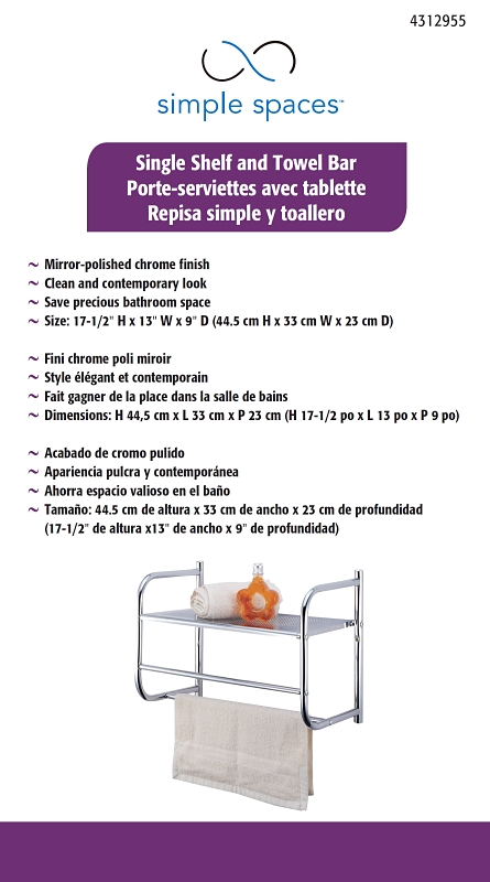Simple Spaces BR32-CH Bathroom Rack, 11 lb Each shelf, 6.6 lb Each Towel Rack Max Weight Capacity, 1-Shelf, Metal