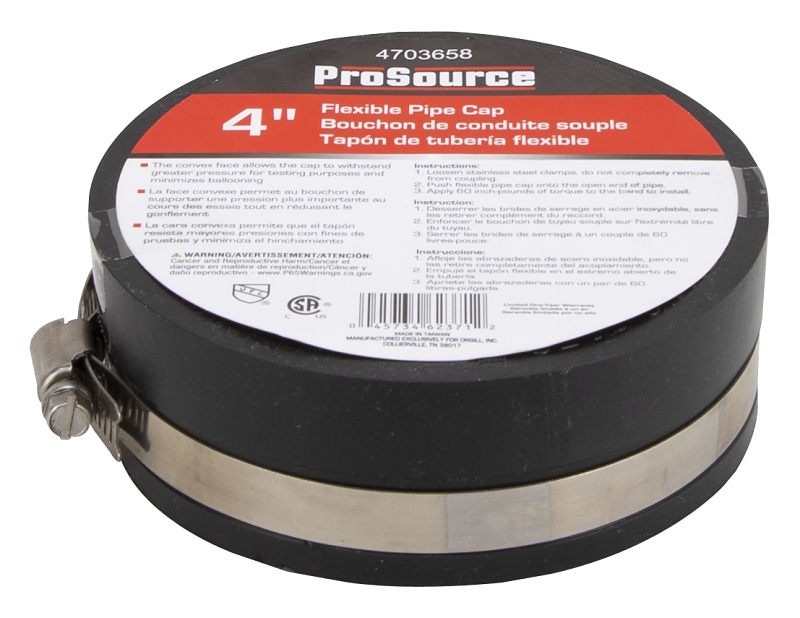 ProSource TC-4 Test Cap, 4 in Connection, Capping Pipe Ends, PVC, Black, 4 in Pipe