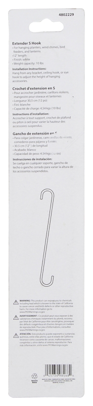 Landscapers Select GB0133L Extender S-Hook, 12 in H, Steel, White, Hanging Mounting