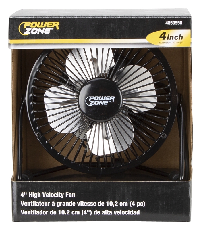 PowerZone CZHV4RSB-BK Mini Fan, 120 VAC, 4 in Dia Blade, 4-Blade, 1-Speed, 360 deg Rotating, Black