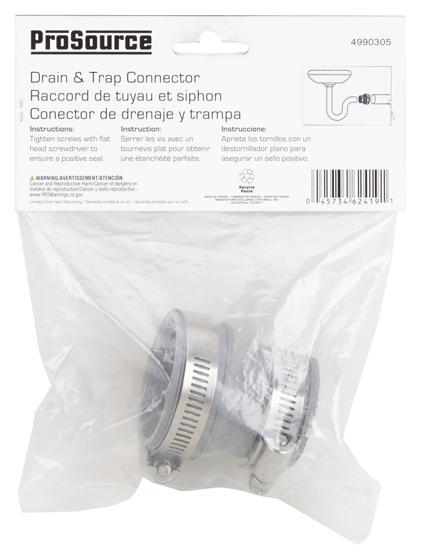 ProSource DTC-150 Drain Trap Connector, 1-1/2 x1-1/4 in, PVC, Gray