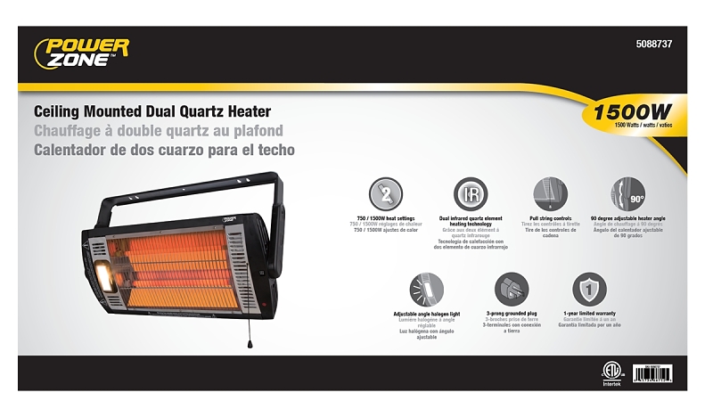 PowerZone QGW15-602 Ceiling Mounted Dual Quartz Heater, 12.5 Amp, 120 V, 1500 W, Black