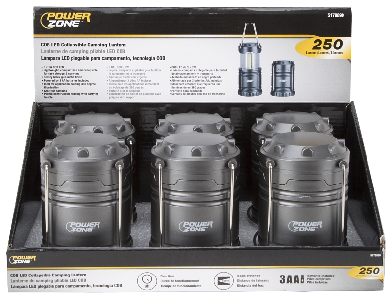 PowerZone LP-6378-COB Collapsible Camping Lantern, LED Lamp, White, ABS, Silvery Black Gun-Metal Finish