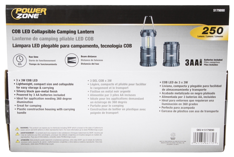 PowerZone LP-6378-COB Collapsible Camping Lantern, LED Lamp, White, ABS, Silvery Black Gun-Metal Finish