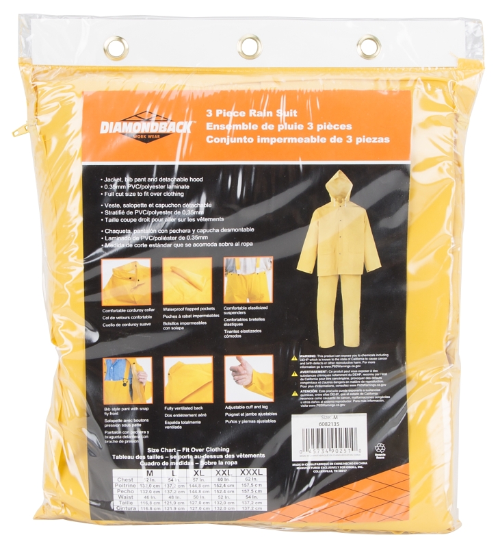 Diamondback SRS3/111-M Rain Suit, M, 28-1/2 in Inseam, Polyester/PVC, Yellow, Comfortable Corduroy Collar