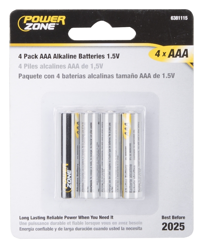PowerZone LR03-4P-DB Battery, 1.5 V Battery, AAA Battery, Zinc, Manganese Dioxide, and Potassium Hydroxide