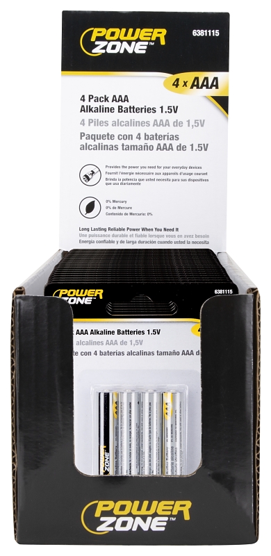 PowerZone LR03-4P-DB Battery, 1.5 V Battery, AAA Battery, Zinc, Manganese Dioxide, and Potassium Hydroxide
