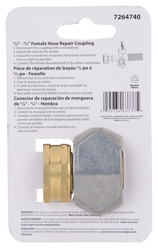 Landscapers Select GC533 Hose Coupling, 5/8 to 3/4 in, Female, Brass and zinc, Brass and Silver
