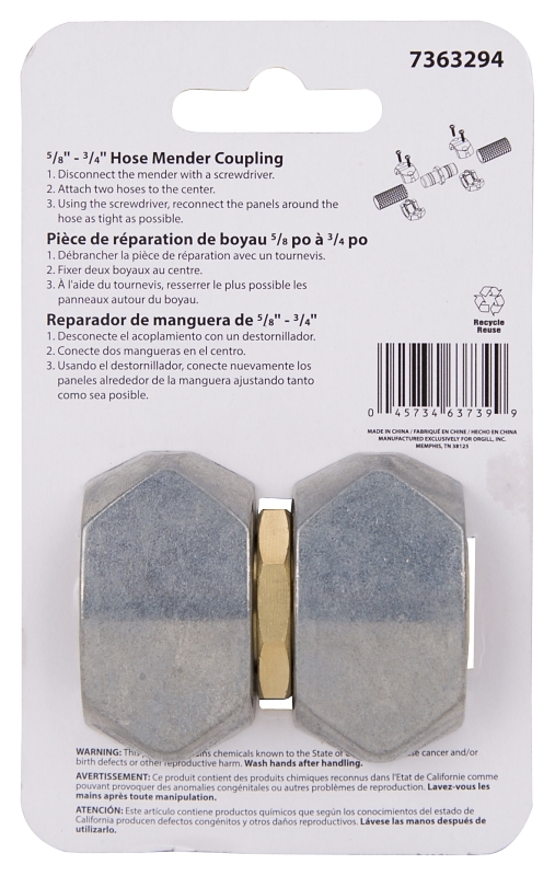 Landscapers Select GC535 Hose Mender, 5/8 to 3/4 in, Brass and zinc, Brass and Silver