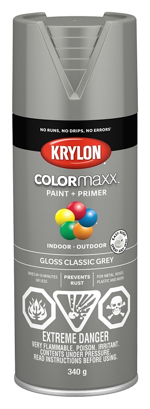 Krylon 455130007 Enamel Spray Paint, 12 oz Can, 25 sq-ft Coverage Area, Oil Base, Gloss, Classic Gray