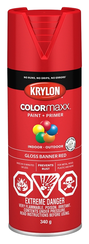 Krylon 455030007 Enamel Spray Paint, 12 oz Can, 25 sq-ft Coverage Area, Oil Base, Gloss, Banner Red