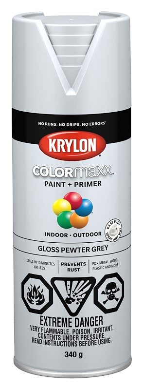 Krylon 455310007 Enamel Spray Paint, 12 oz Can, 25 sq-ft Coverage Area, Oil Base, Gloss, Pewter Gray