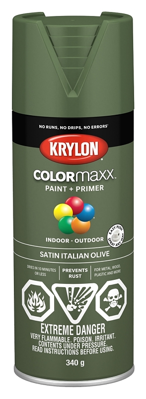 Krylon COLORmaxx K05566007 Spray Paint, Satin, Italian Olive, 12 oz, Aerosol Can