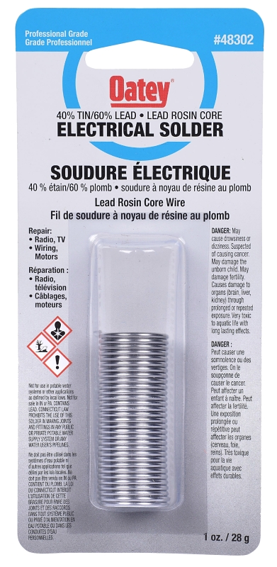 Oatey 48302 Rosin Core Wire Solder, 28 g Carded, Solid, Silver Gray, 182.22 to 237.78 deg C Melting Point