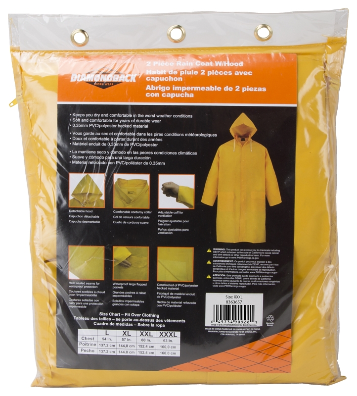 Diamondback PY800XXXL Raincoat, 3XL, Polyester/PVC, Yellow, Comfortable Corduroy Collar, Double Fly Snap Closure, Knee