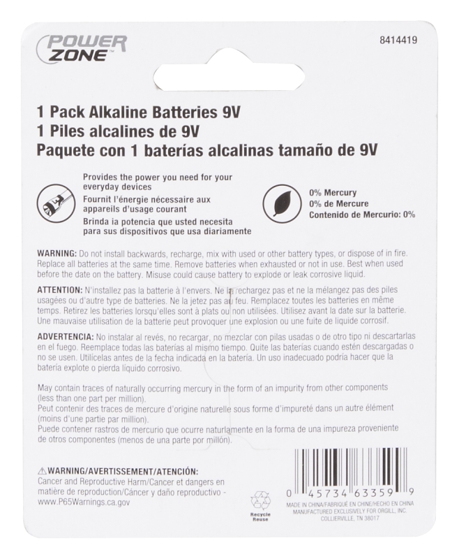 PowerZone 6LR61-1P-DB Battery, 9 V Battery, Zinc, Manganese Dioxide and Potassium Hydroxide