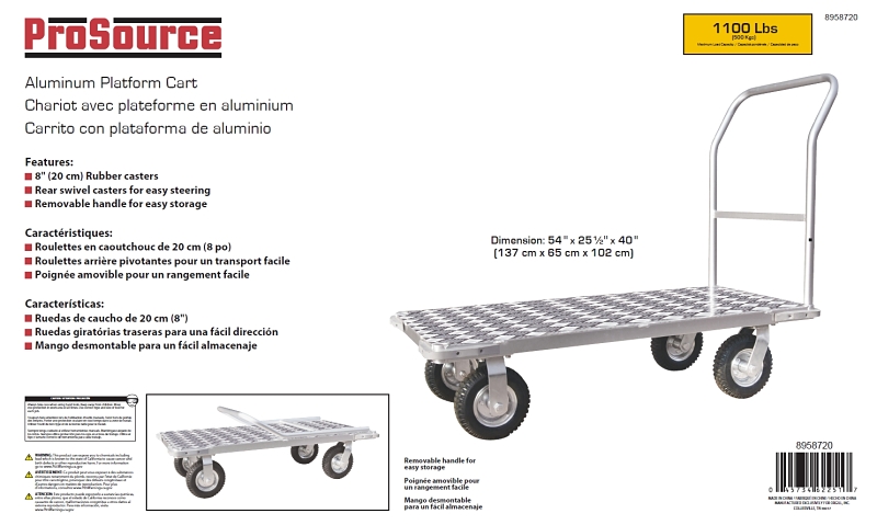 ProSource PH3015AL Platform Cart, 4-Wheel, Swivel Wheel