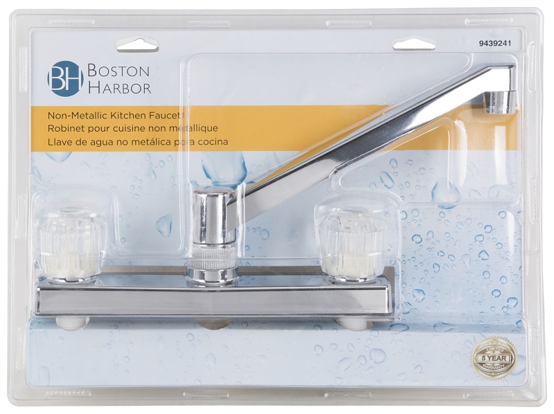 Boston Harbor PF8201A Kitchen Faucet, 1.8 gpm, 2-Faucet Hole, Plastic, Chrome Plated, Deck Mounting, Round Handle