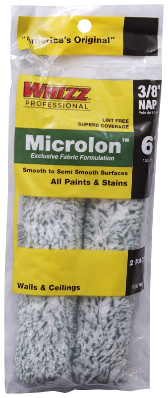 Whizz 78016 Mini Roller Cover, 3/8 in Thick Nap, 6 in L, Microlon Cover, 2/PK