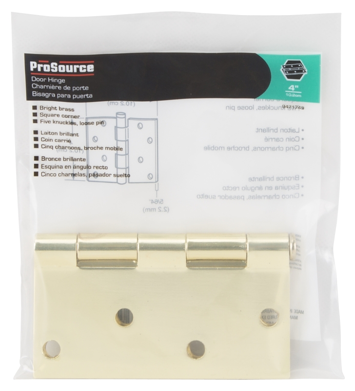 ProSource 20339BBX Square Corner Door Hinge, Steel, Polished Brass, Loose Pin, 180 deg Range of Motion