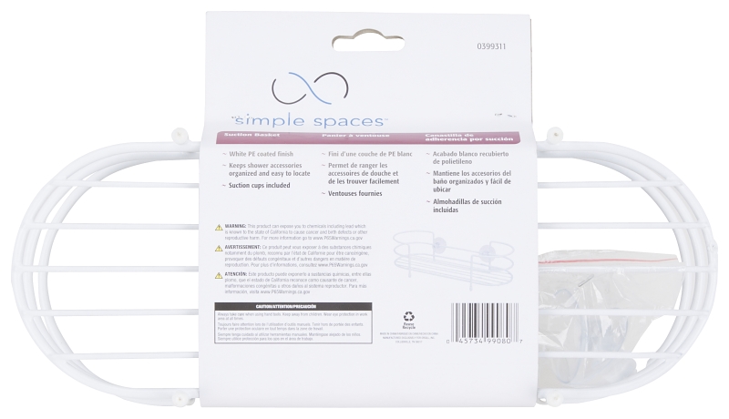 Simple Spaces SS-SC-29-PE-3L Shower Caddy, 1-Shelf, Steel, 11-5/8 in OAW, 3-1/8 in OAH, 4-1/2 in OAD, 10 lb