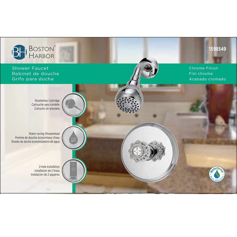 Boston Harbor GU-F1010207CP Shower Faucet, 1.75 gpm, 2-3/4 in Showerhead, Metal/Plastic, Round Showerhead, Knob Handle