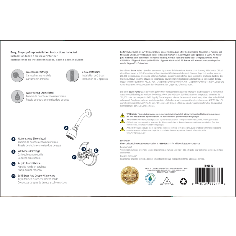 Boston Harbor GU-F1010207CP Shower Faucet, 1.75 gpm, 2-3/4 in Showerhead, Metal/Plastic, Round Showerhead, Knob Handle