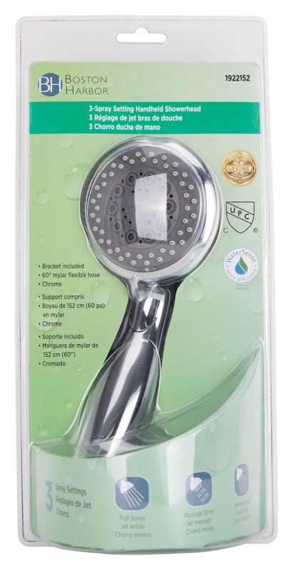Boston Harbor HS00813CP Hand-Held Shower Head, 1.75 (6.6) 80 gpm (L/MIN) psi, 1/2-14 NPT Connection, Threaded, PVC