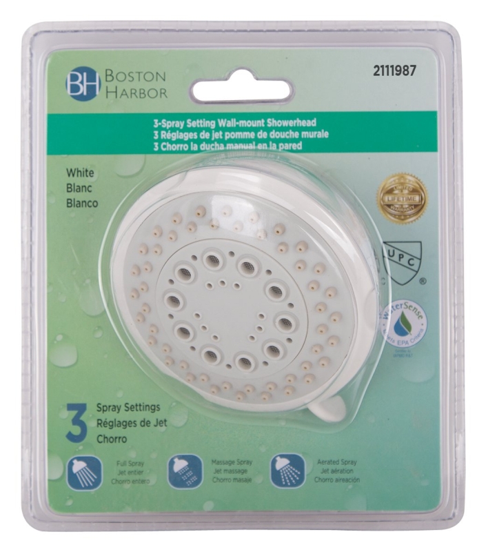 Boston Harbor TS02213WH Shower Head, 1.75 (6.6) 80 gpm (L/MIN) psi, 1/2-14 NPT Connection, Threaded, 3-Spray Function