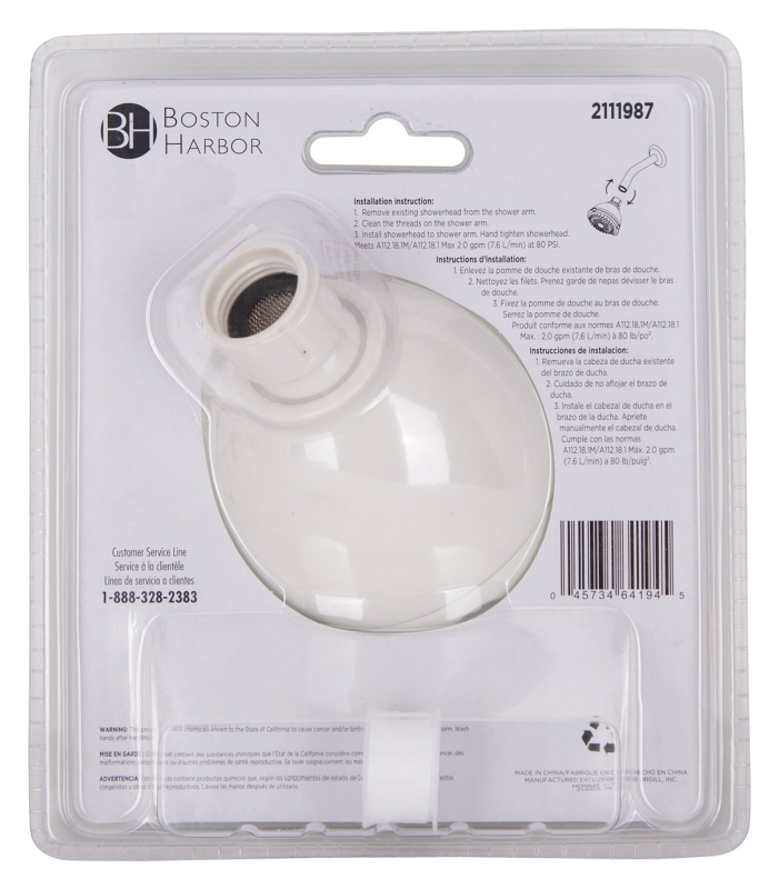 Boston Harbor TS02213WH Shower Head, 1.75 (6.6) 80 gpm (L/MIN) psi, 1/2-14 NPT Connection, Threaded, 3-Spray Function