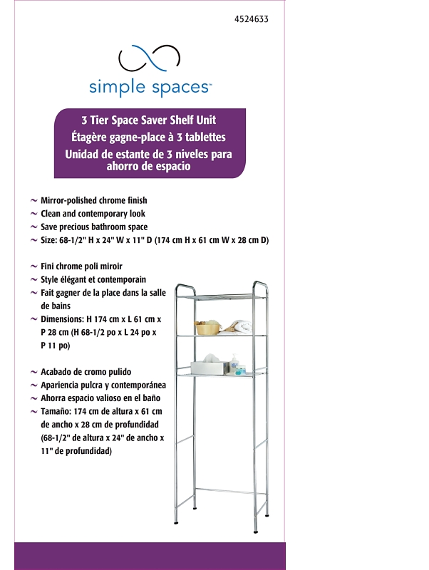 Simple Spaces TS16C0-CH Bathroom Shelf, 15 lb Each Shelf Max Weight Capacity, 3-Shelf, Steel, Polished Chrome