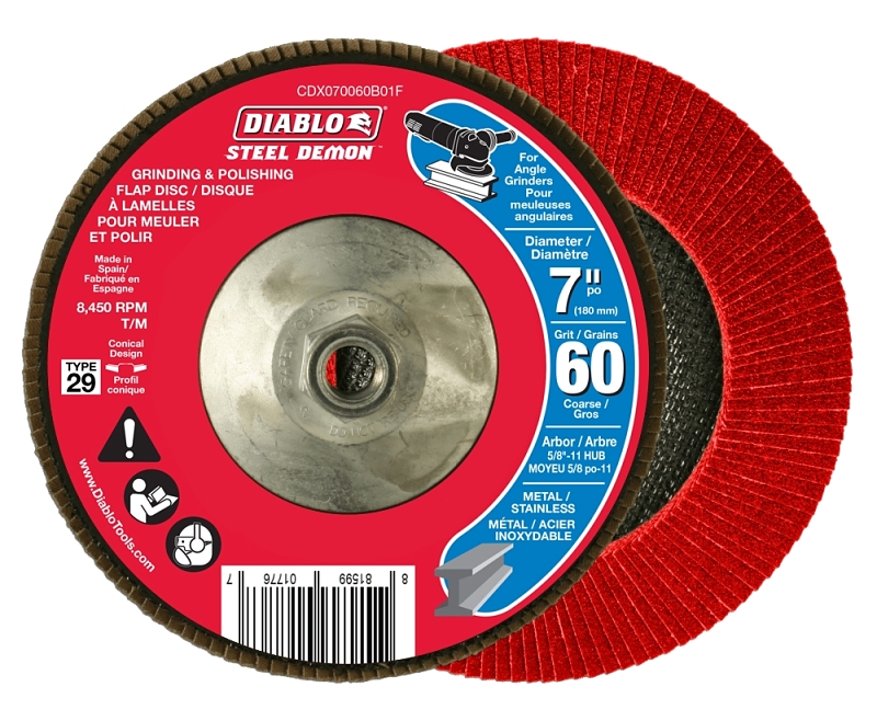 Diablo CDX070060B01F Flap Disc, 7 in Dia, 5/8 in Arbor, 60 Grit, Zirconium Abrasive