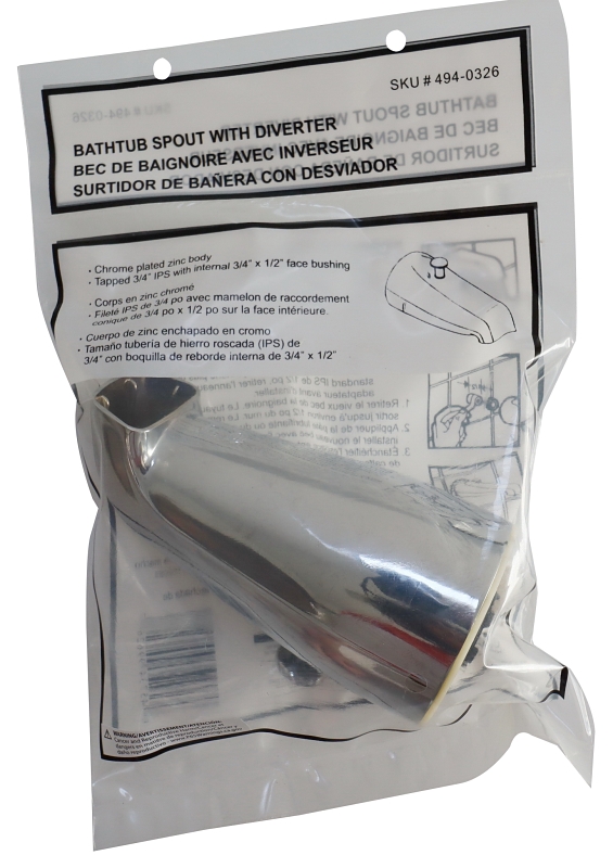 ProSource 24501-3L Bathtub Spout with Diverter, 5-1/4 in L, 3/4 x 1/2 in Connection, IPS, Zinc, Chrome Plated