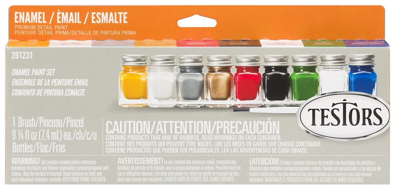 Testors 281231 Enamel Paint Set, 0.25 oz Bottle, Includes: Gloss Yellow, Red, Enamel Paints and (1) Paint Brush and Tray