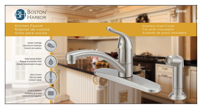 Boston Harbor 67534-1004 Kitchen Faucet, 1.8 gpm, 1-Handle, 4-Faucet Hole, Metal/Plastic, Brushed Nickel