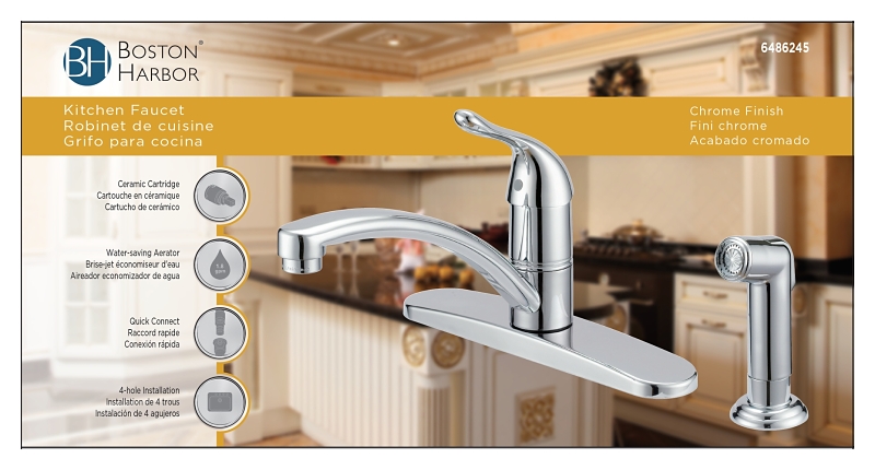 Boston Harbor 67534-1001 Kitchen Faucet, 1.8 gpm, 1-Handle, 4-Faucet Hole, Metal/Plastic, Chrome Plated