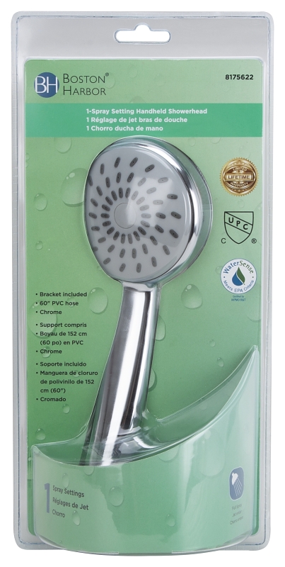Boston Harbor HS01201CP Hand-Held Shower Head, 1.75 (6.6) 80 gpm (L/MIN) psi, 1/2-14 NPT Connection, Threaded, PVC