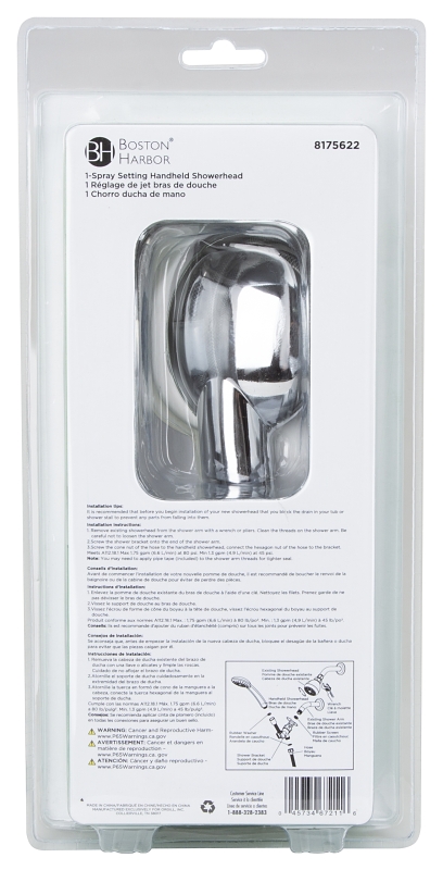 Boston Harbor HS01201CP Hand-Held Shower Head, 1.75 (6.6) 80 gpm (L/MIN) psi, 1/2-14 NPT Connection, Threaded, PVC