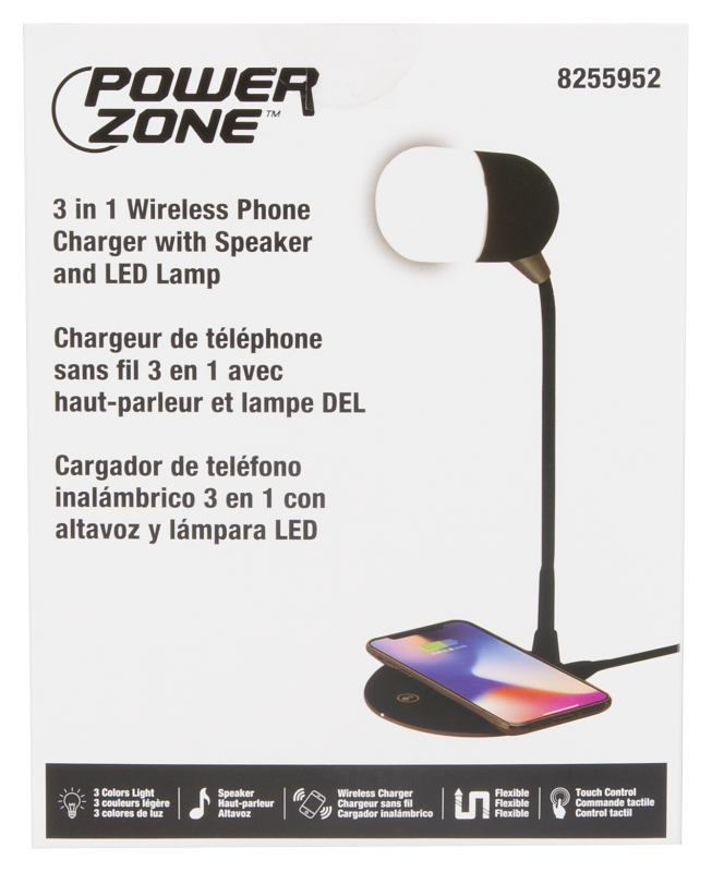PowerZone SH08 3-in-1 Speaker with Wireless Phone Charger and LED Lamp, Black