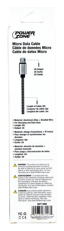 PowerZone KL-029X-2M-MICRO Micro Charging Cable, Micro USB, USB, Black/White Sheath, 6 ft L