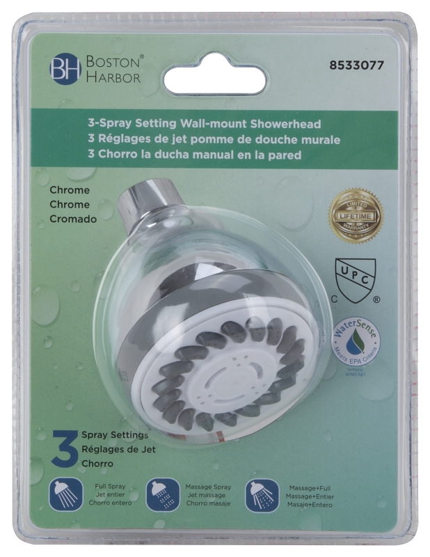 Boston Harbor SD3068CP Fixmount Shower Head, 1.75 (6.6) 80 gpm (L/MIN) psi, 1/2-14 NPT Connection, Threaded, ABS