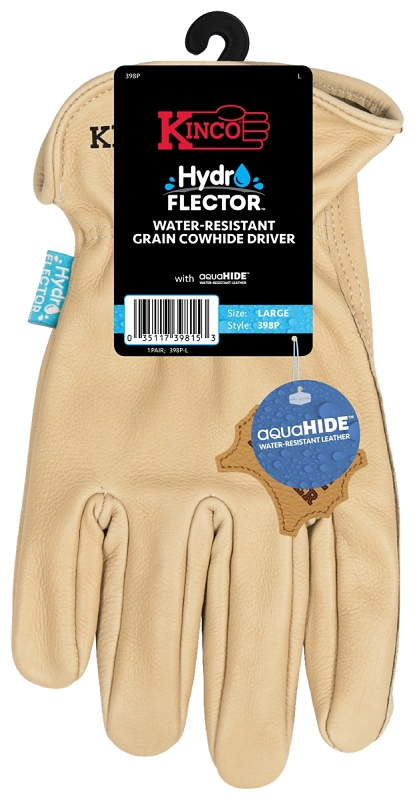 Hydroflector 398P-L Gloves, Men's, L, Keystone Thumb, Easy-On Cuff, Cowhide Leather, Tan, Unlined