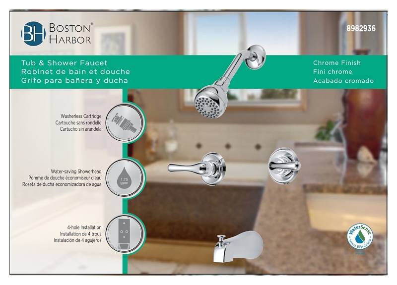 Boston Harbor F2014501CP Tub/Shower, Fixed Mount Showerhead, 1.75 gpm Showerhead, 1 Spray Settings, Zinc Tub Spout