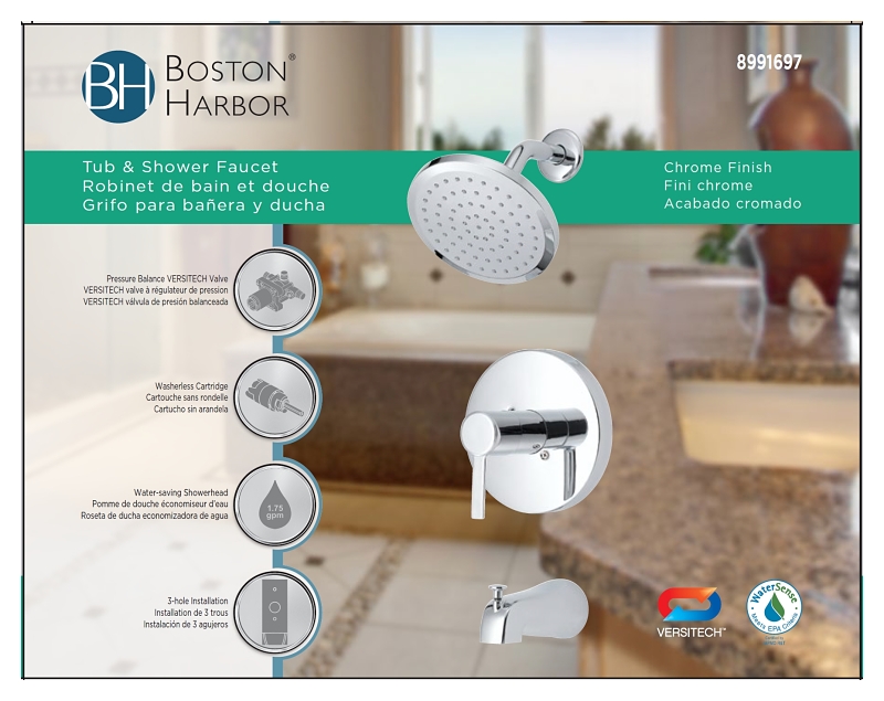 Boston Harbor F1A1F507CP Tub/Shower, Fixed Mount Showerhead, 1.75 gpm Showerhead, 1 Spray Settings, 1-Handle